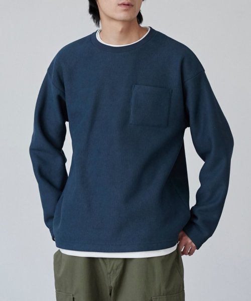 coen(coen)/コットンタッチワッフルフェイクレイヤードプルオーバー/NAVY