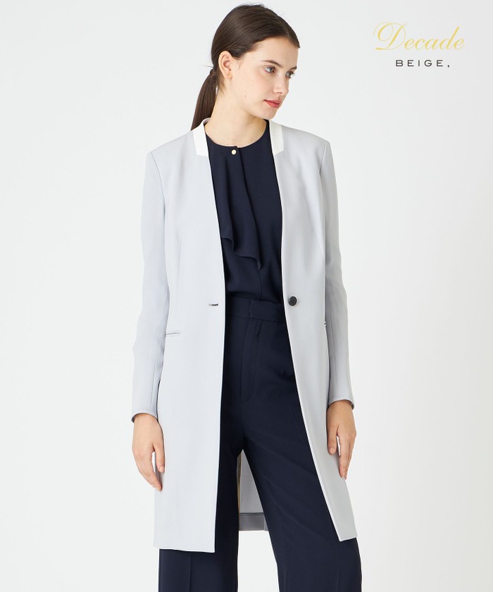 BEIGE CINDY / ノーカラーロングジャケット ICEBLUE×WHITE 30 BEIGE CINDY / ノーカラーロングジャケット ICEBLUE×WHITE 30