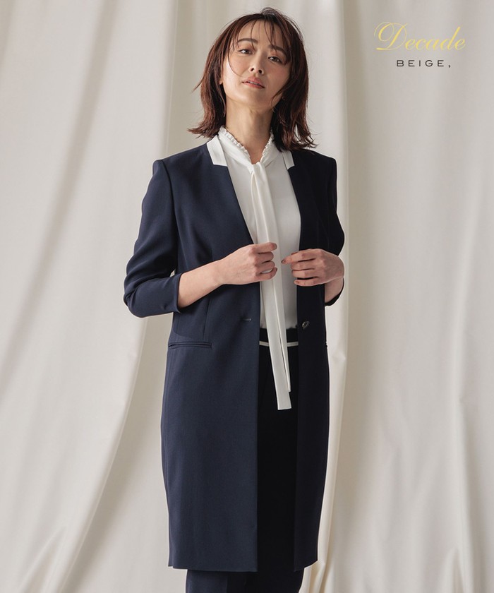 BEIGE CINDY / ノーカラーロングジャケット NAVY×WHITE 30 BEIGE CINDY / ノーカラーロングジャケット NAVY×WHITE 30