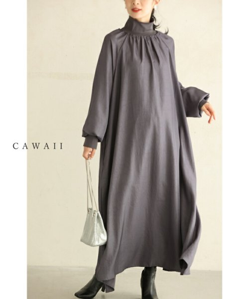 CAWAII(カワイイ)/立体襟と胸元タックのポワン袖ワンピース/グレー