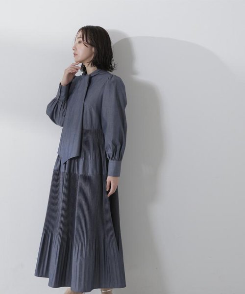 NATURAL BEAUTY BASIC(ナチュラルビューティーベーシック)/リボンボウタイシャツワンピース　24SS/シャンブレーネイビー