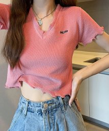 NinaetLina(ニナエリナ)/メロウフリルショート丈半袖Tシャツ/ピンク