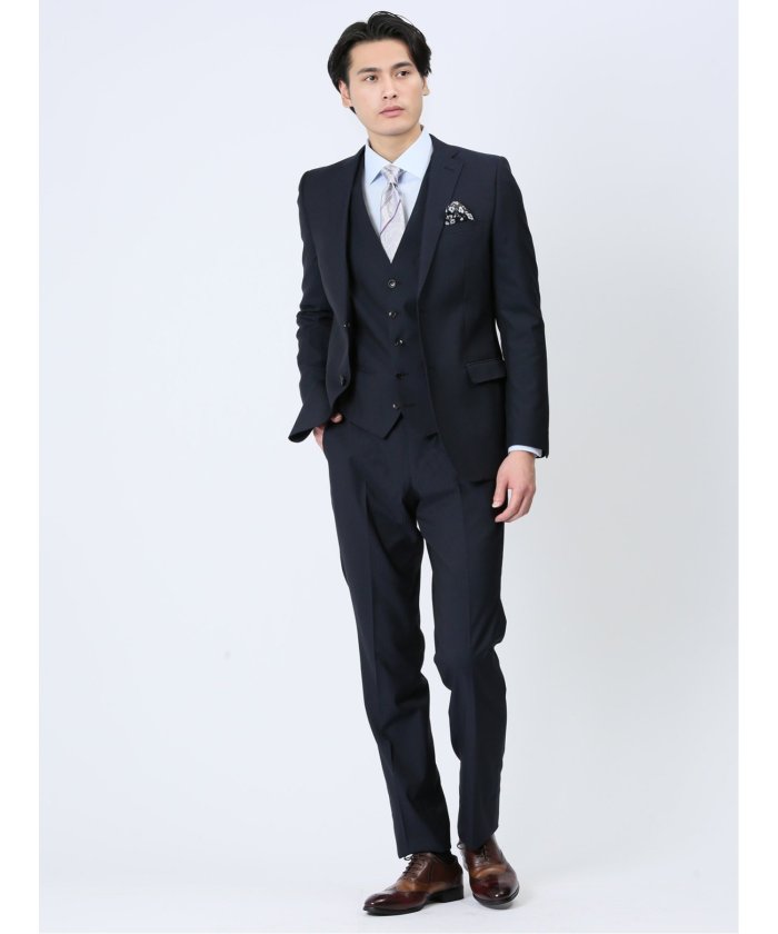 【美品】スーツ　3ピース セットアップ　ネイビー　紺　ストライプ　ビジネス