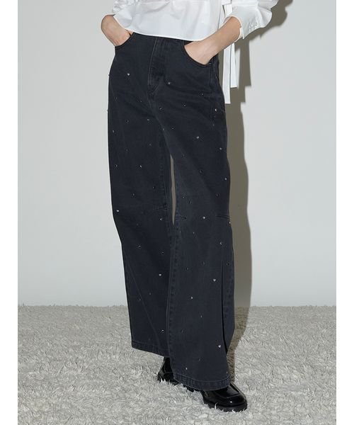 【WEB限定00サイズあり】[L.B CANDY STOCK]ハートビジューワイドデニムパンツ 予めご了承ください