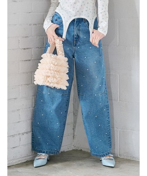 【WEB限定00サイズあり】[L.B CANDY STOCK]ハートビジューワイドデニムパンツ 予めご了承ください