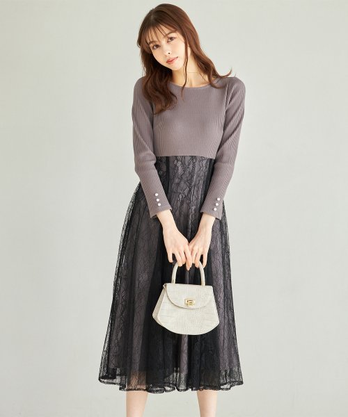 tocco closet(トッコクローゼット)/リボン＆パール付きハイウエスト切り替えレースドッキングワンピース/CHACOALGRAY