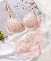 Lace Ladies(レースレディース)/シフォンフリルブーケ刺繍ブラ&ショーツセット/ピンク