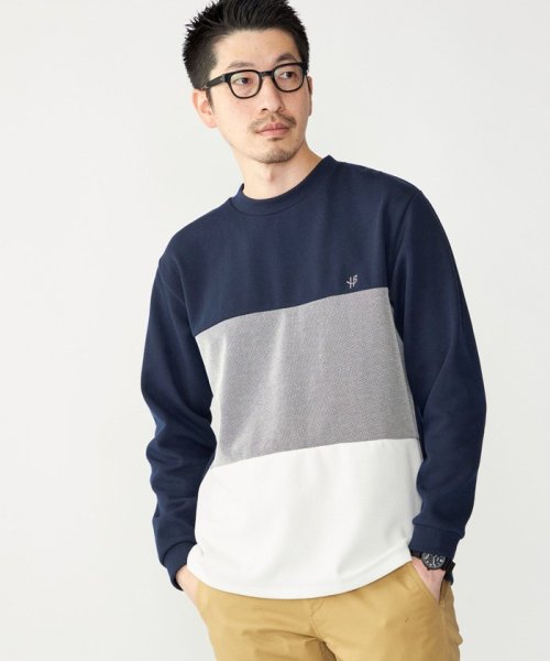 SHIPS MEN(シップス　メン)/*SHIPS: ワンポイント ロゴ 3パネル バーズアイ クルーネック ロングスリーブ Tシャツ/ネイビー