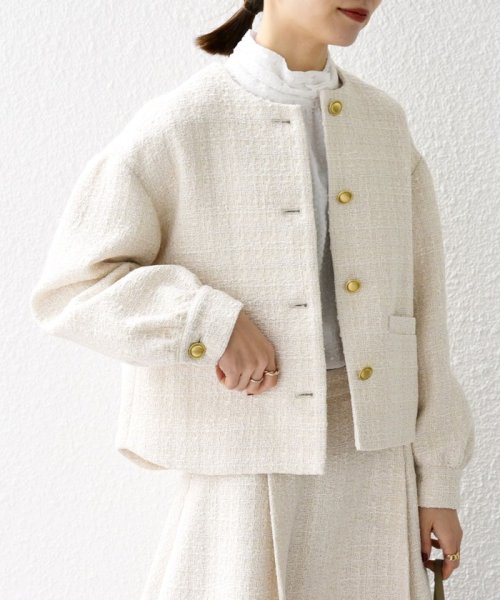 SHIPS any: ツイード パフスリーブ ショート ジャケット［NAVY BLUE］ ノーカラージャケット H1439140760(11011円)