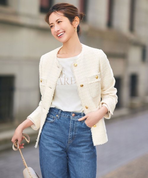 ツイードノーカラーミドル ジャケット 