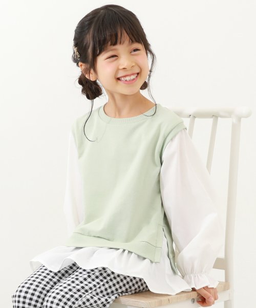 devirock(デビロック)/ベストドッキング風 長袖Tシャツ 子供服 キッズ 女の子 トップス 長袖Tシャツ ロンT 綿100% 吸汗/グリーン