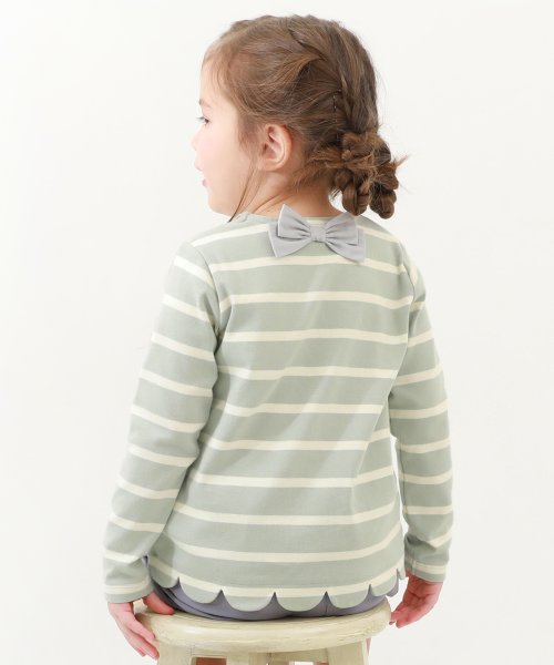 devirock(デビロック)/裾スカラップ 先染めボーダー  ストレッチ 長袖Tシャツ 子供服 キッズ ベビー 女の子 トップス 長袖Tシャツ ロンT /グリーン