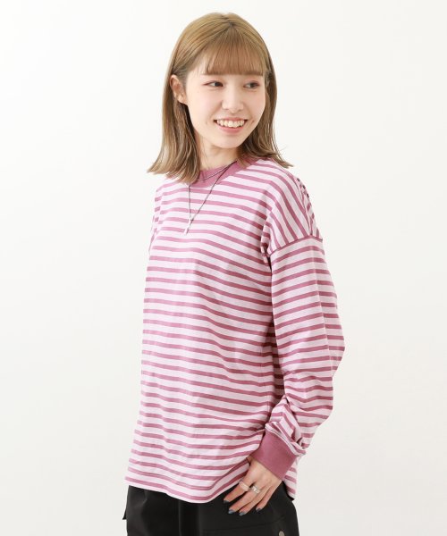 devirock(デビロック)/ボーダー ビッグシルエット 袖リブ 大人 長袖Tシャツ 子供服 キッズ 男の子 女の子 トップス 長袖Tシャツ ロンT /ピンク