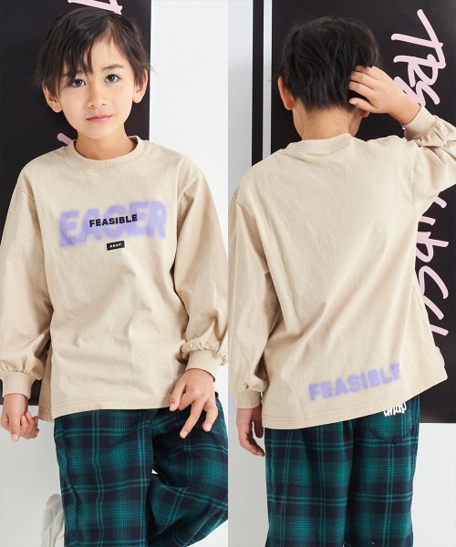 ANAP KIDS(アナップキッズ)/スプレーロゴ プリント ビッグ ロンT 長袖 Tシャツ/ベージュ