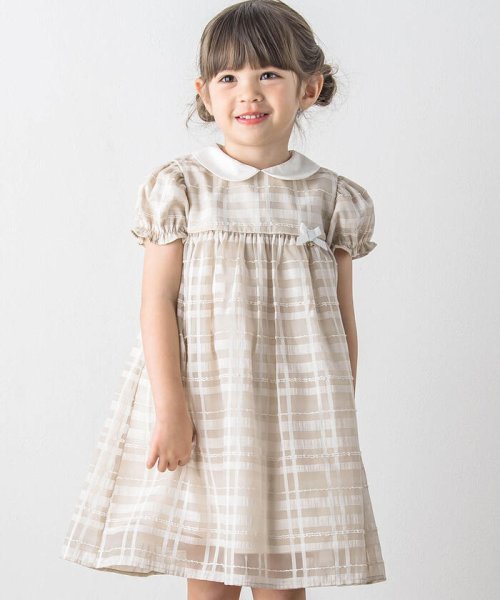 日本製】麻スラブ入りパフスリーブチェック柄ワンピース(90~130cm 