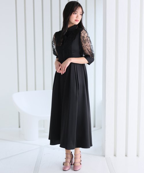 シャツ襟刺繍Aラインドレス 二次会 食事会 セレモニー 発表会
