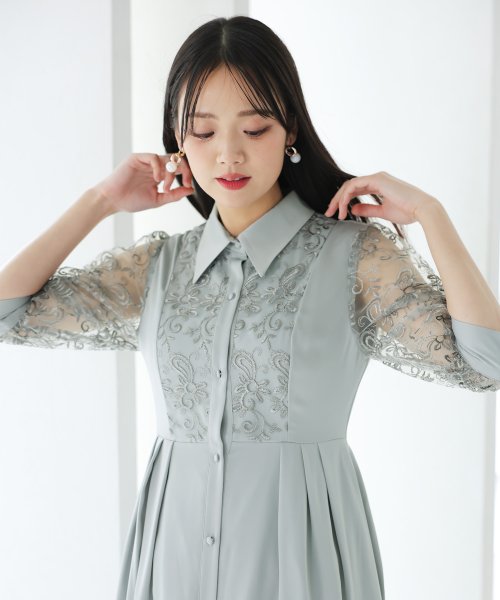 シャツ襟刺繍Aラインドレス 二次会 食事会 セレモニー 発表会