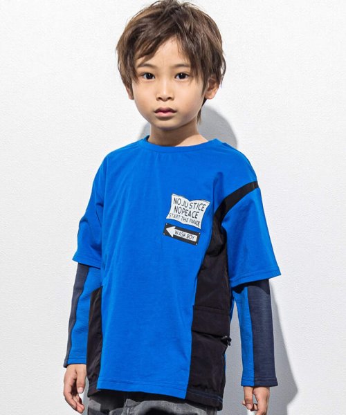 WASK(ワスク)/異素材ポケットTシャツ＋ラインロゴ天竺Tシャツセット(100~160cm)/ブルー