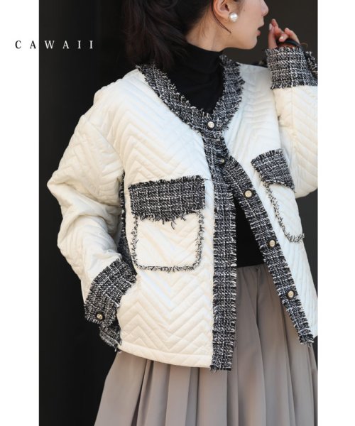 引き立て合うキルティングとツイードのマリアージュブルゾン 
