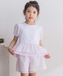 BeBe Petits Pois Vert(ベベ プチ ポワ ヴェール)/立体ジャガード切り替えTシャツ+パンツセット(95~150cm)/ピンク系