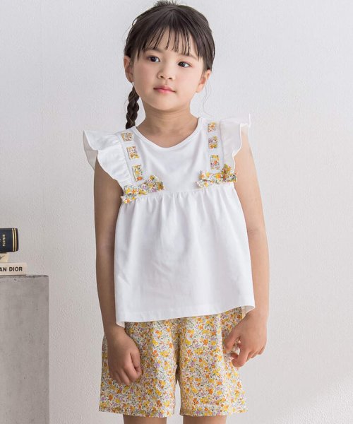 BeBe Petits Pois Vert(ベベ プチ ポワ ヴェール)/花柄リボンTシャツ+パンツセット(95~150cm)/イエロー系