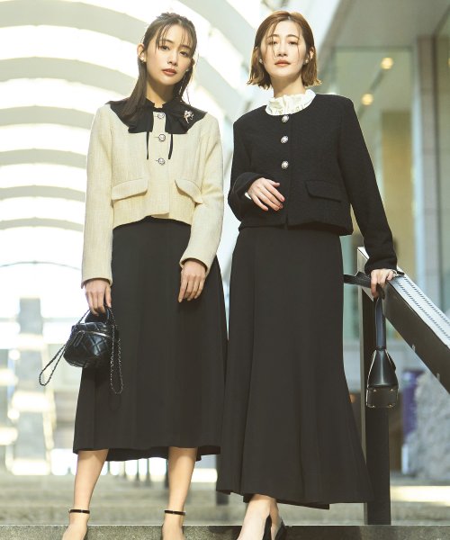 【選べるスカートシルエット】ツイードジャケット＆フレア/マーメイドスカートセットアップスーツ(SU1329) ジャケット 選べるスカートシルエット ツイードジャケット＆フレア/マーメイドスカートセットアップスーツ SU1329 7号 9号 11号 13号 15号 スカート Skirt ITEMはこちらAtype：トップス Btype：トップス 開き具開き具は左脇のファスナー ホックです ウエストゴム後ろウエストはゴム仕様で楽な着心地です 総丈/ウエスト/ヒップS 表　地：ポリエステル 3％裏　地：ポリエステル 100％ ポリエステル 95％　ポリウレタン