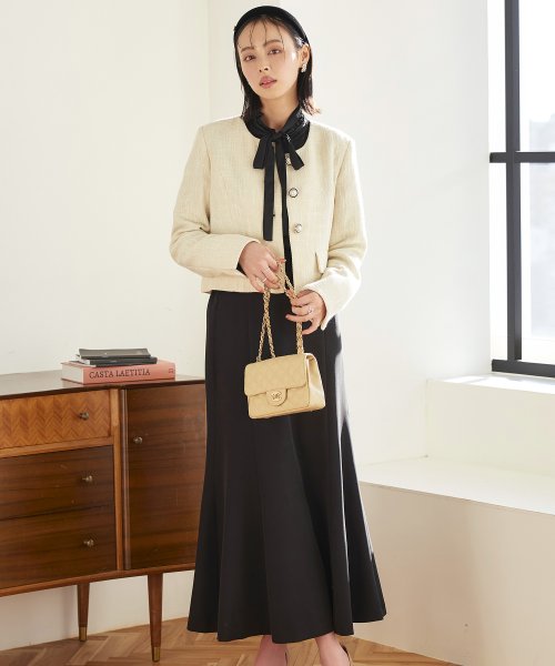 【選べるスカートシルエット】ツイードジャケット＆フレア/マーメイドスカートセットアップスーツ(SU1329) ジャケット 選べるスカートシルエット ツイードジャケット＆フレア/マーメイドスカートセットアップスーツ SU1329 7号 9号 11号 13号 15号 スカート Skirt ITEMはこちらAtype：トップス Btype：トップス 開き具開き具は左脇のファスナー ホックです ウエストゴム後ろウエストはゴム仕様で楽な着心地です 総丈/ウエスト/ヒップS 表　地：ポリエステル 3％裏　地：ポリエステル 100％ ポリエステル 95％　ポリウレタン