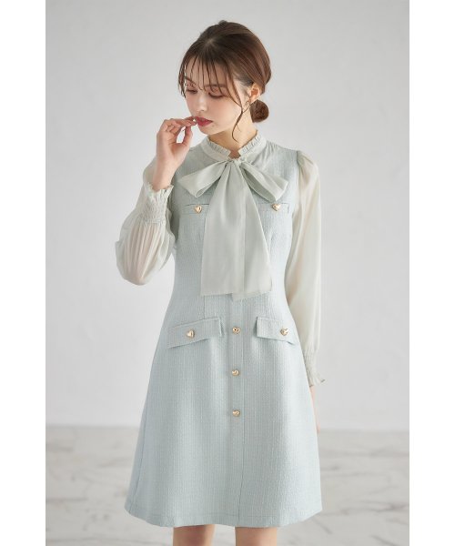 tocco closet(トッコクローゼット)/ボウタイリボン付きハート釦シアードッキングツイードワンピース/Mint