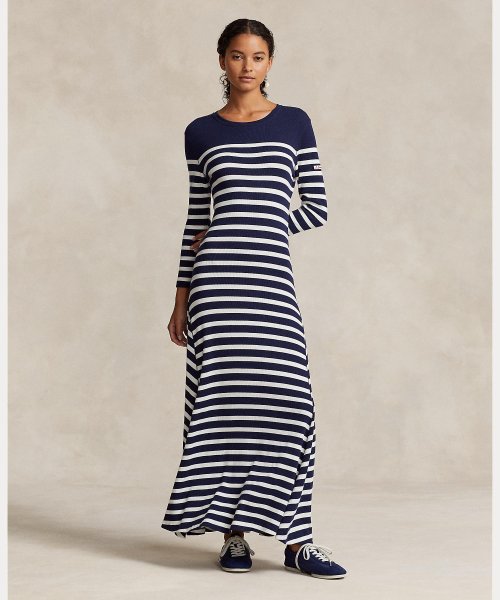ストライプド ワッフルニット ドレス 