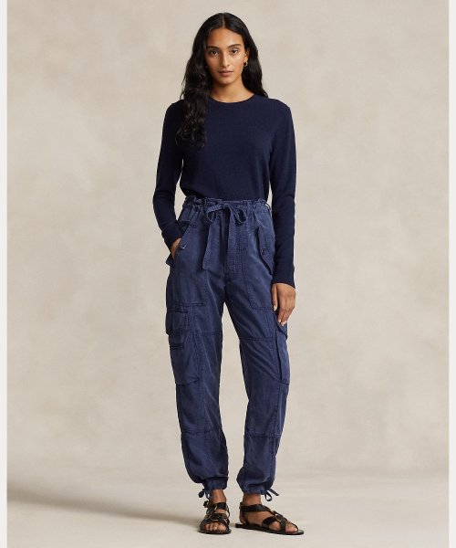 リネンブレンド ツイル カーゴ パンツ テーパードフィット ドローストリング付きカフス
