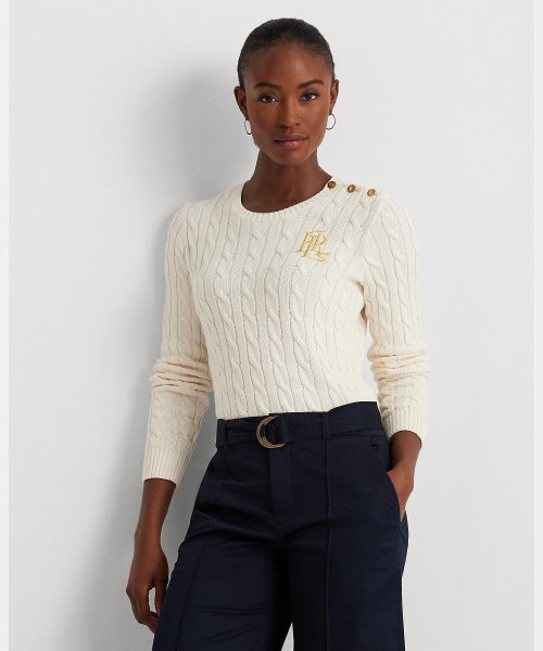 ボタントリム ケーブルニット コットン セーター Ralph Cotton TM