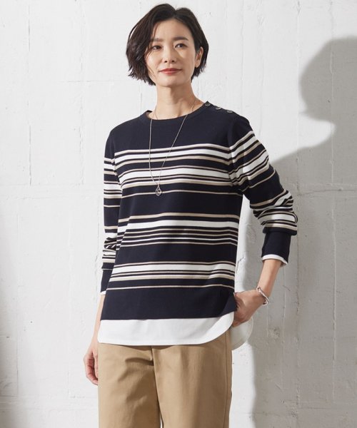 J.PRESS LADIES（LARGE SIZE）(J．プレス　レディス（大きいサイズ）)/【洗える】RAYON STRETCH BORDER ボートネック ニット/ネイビー系1