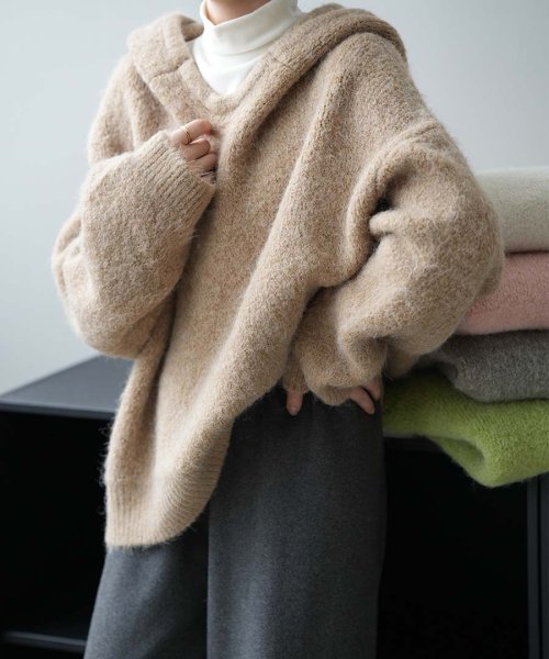 ARGO TOKYO(アルゴトウキョウ)/Wool Blend Hoodie Knit Pullover 25071 フードニットプルオーバー　ニットプルオーバー　フード付き　フーデイニット　セーター　/ベージュ
