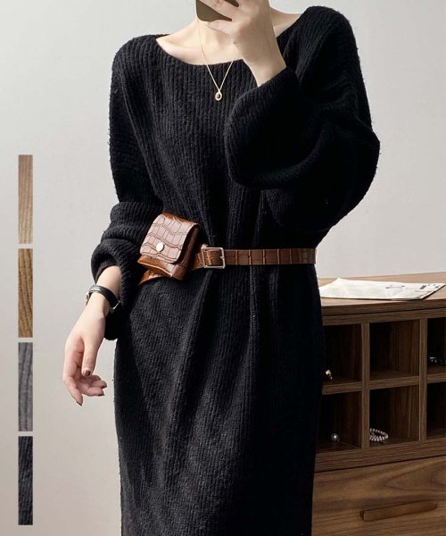 ARGO TOKYO(アルゴトウキョウ)/Boat－neck Loose Knit Onepiece 29093　ボートネックルーズニットワンピース　ボートネックワンピース　ルーズニットワンピース　ニッ/ブラック