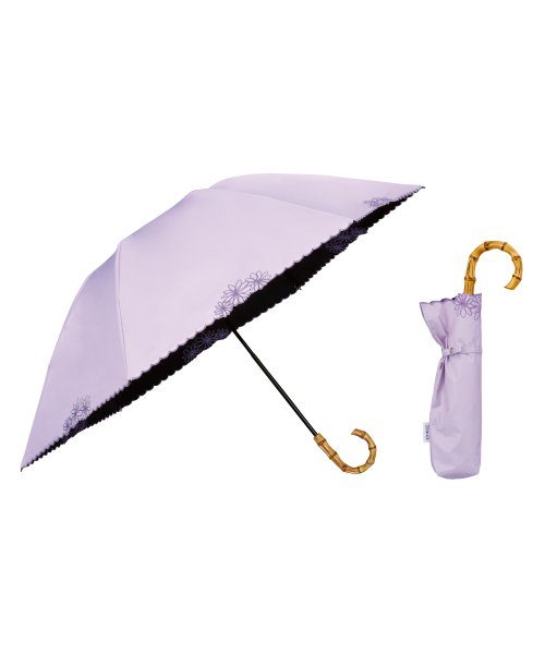 Wpc．(Wpc．)/【Wpc.公式】日傘 UVO（ウーボ）3段折 刺繍フラワーミニ 55cm 完全遮光 UVカット100％ 遮熱 晴雨兼用 大きめ 晴雨兼用日傘 折りたたみ/ラベンダー