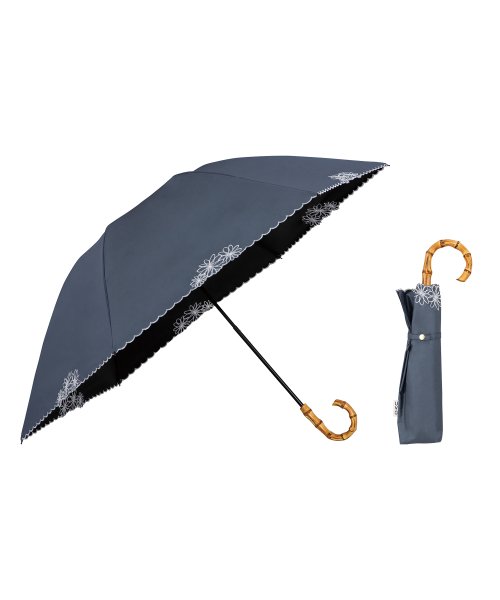 Wpc．(Wpc．)/【Wpc.公式】日傘 UVO（ウーボ）3段折 刺繍フラワーミニ 55cm 完全遮光 UVカット100％ 遮熱 晴雨兼用 大きめ 晴雨兼用日傘 折りたたみ/ブルーグレー系