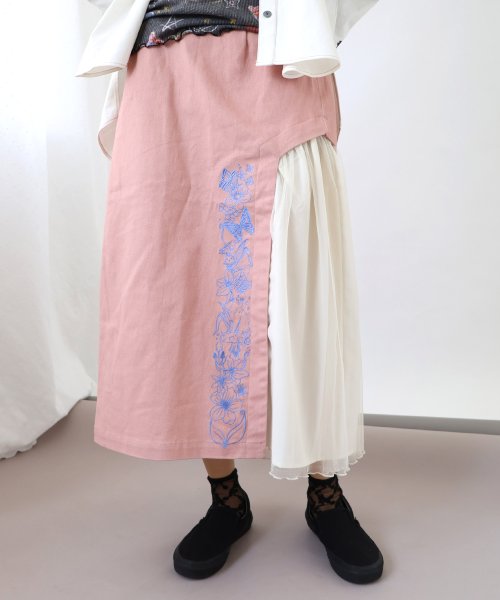 ScoLar(スカラー)/ネコ花柄刺繍 チュール切替ペンシルスカート/ピンク