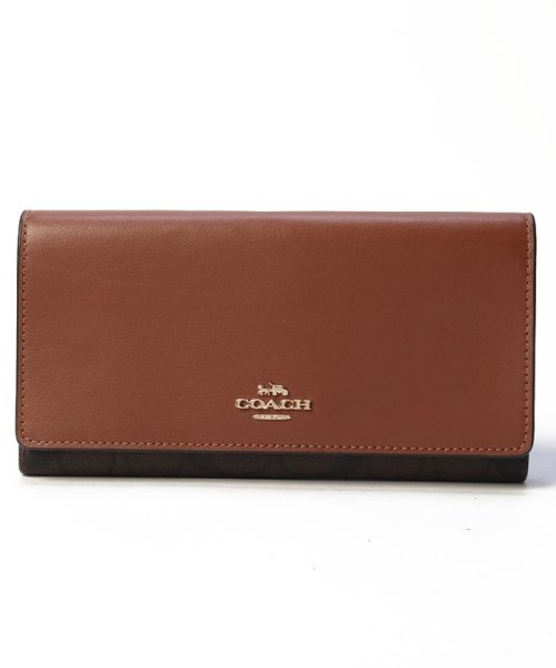 COACH(コーチ)/コーチ C5966 長財布 SLIM TRIFOLD WALLET スリム シグネチャー レディース/ダークブラウン/オレンジ