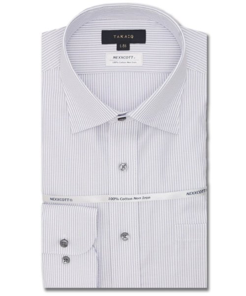 TAKA-Q(タカキュー)/綿100％ ノーアイロン スタンダードフィット ワイドカラー 長袖 シャツ メンズ ワイシャツ ビジネス ノーアイロン 形態安定 yシャツ 速乾/グレー