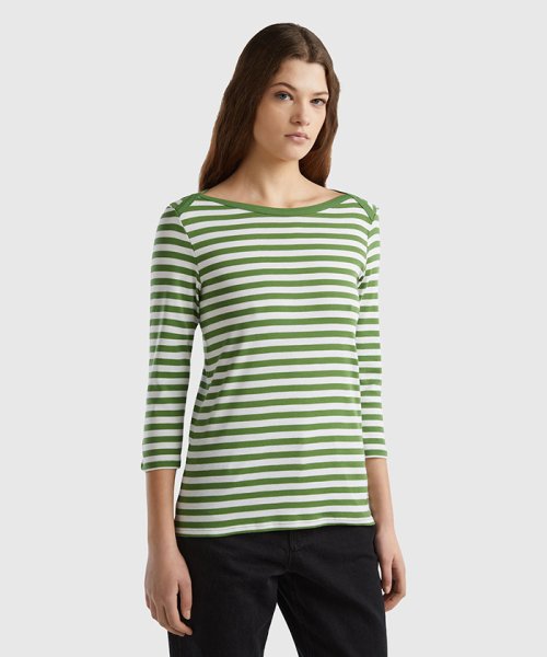 BENETTON (women)(ベネトン（レディース）)/ブランドロゴ刺繍入り先染めボートネック7分袖ボーダーTシャツ・カットソー/グリーン系その他