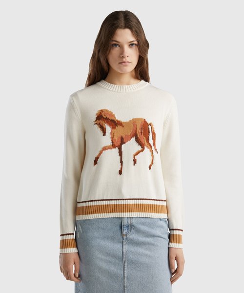 コットン100％クルーネック馬柄長袖ニットセーター 人気・おすすめ｜使いやすい・旅行におすすめ 品質保証 全国発送 正規品・日本国内発送・安心保証付き