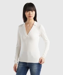 BENETTON (women)(ベネトン（レディース）)/襟付きVネックリブ長袖Tシャツ・カットソー/ホワイト