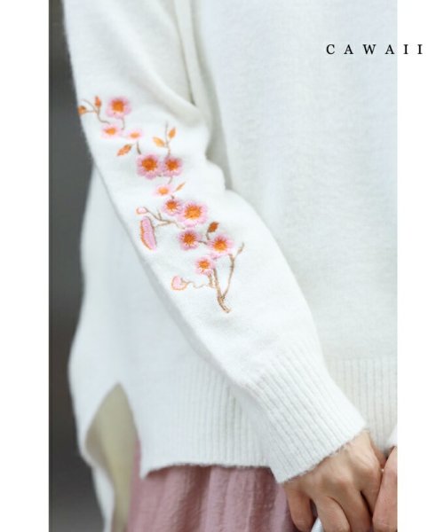 CAWAII(カワイイ)/春を呼ぶ桜刺繍スリーブのニットプルオーバートップス/ホワイト