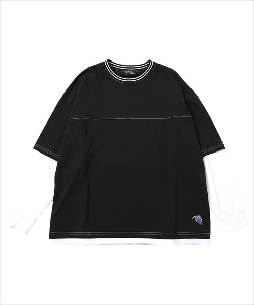 GLAZOS(グラソス)/USAコットン・バイカラー袖レイヤードビッグ長袖Tシャツ/ブラック