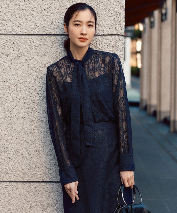 24SS ICB 【洗える】ナイロンラッセルレース バンドカラーシャツ 黒 42 洗える】ナイロンラッセルレース バンドカラーシャツ(505909231)｜阪急