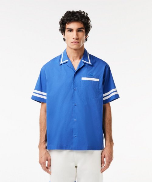 LACOSTE Mens(ラコステ　メンズ)/配色ライン オーバーサイズ バックプリントオープンカラーシャツ/ブルー