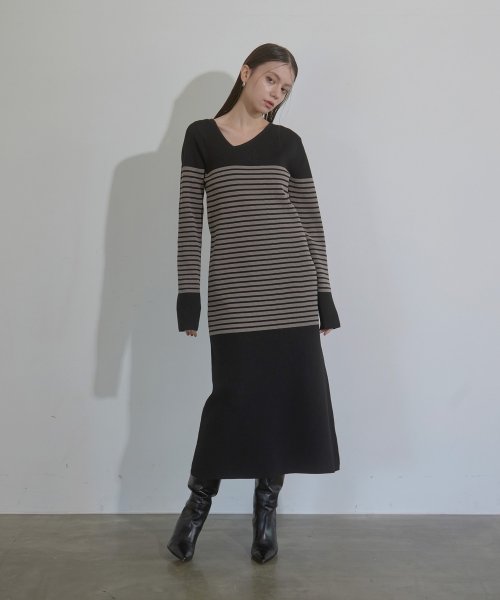 MIELI INVARIANT(ミエリ インヴァリアント)/Border Parts Mix Knit Dress/ブラック