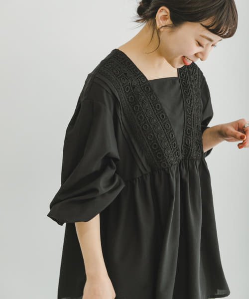 ITEMS URBANRESEARCH(アイテムズ アーバンリサーチ（レディース）)/レースギャザーブラウス/BLK