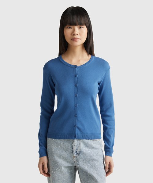 BENETTON (women)(ベネトン（レディース）)/コットン100％無地クルーネック長袖カーディガン/ブルー