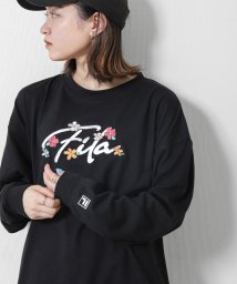 ZIP FIVE(ジップファイブ)/筆記体刺繍＆韓国風＆花刺繍ロゴ長袖Tシャツ/ブラック